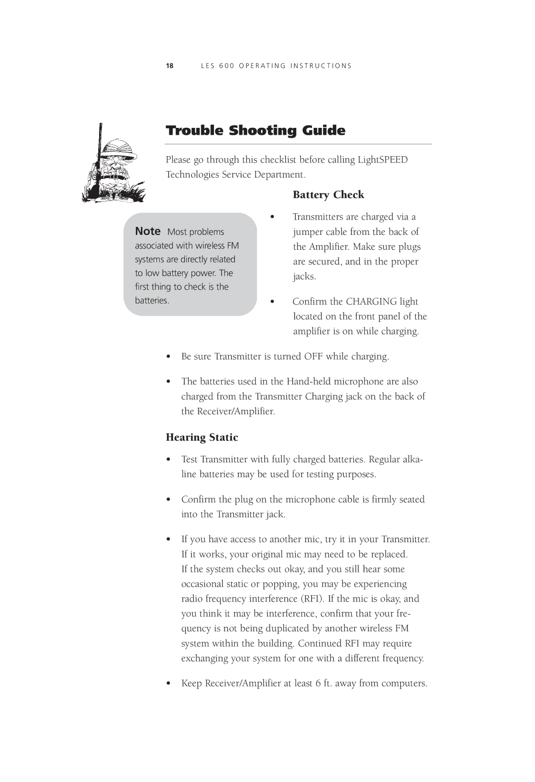 LightSpeed Technologies LES 600 Series user manual Trouble Shooting Guide, Battery Check, Hearing Static 