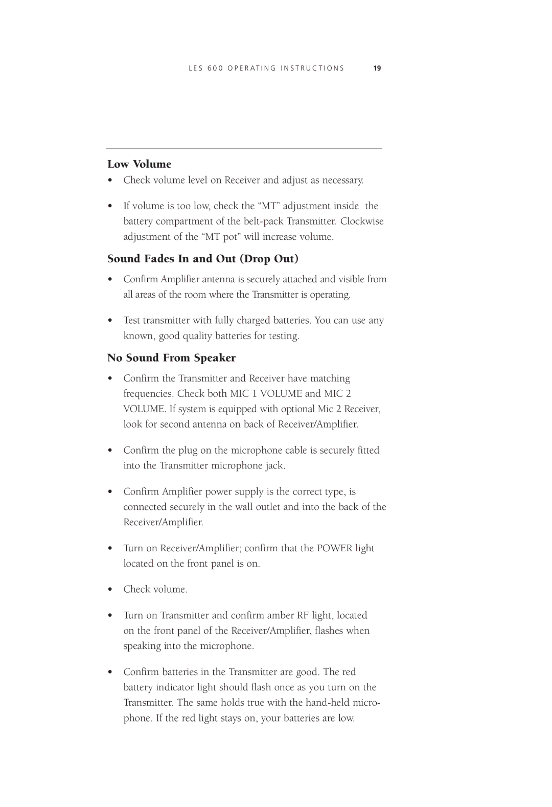 LightSpeed Technologies LES 600 Series user manual Low Volume, Sound Fades In and Out Drop Out, No Sound From Speaker 