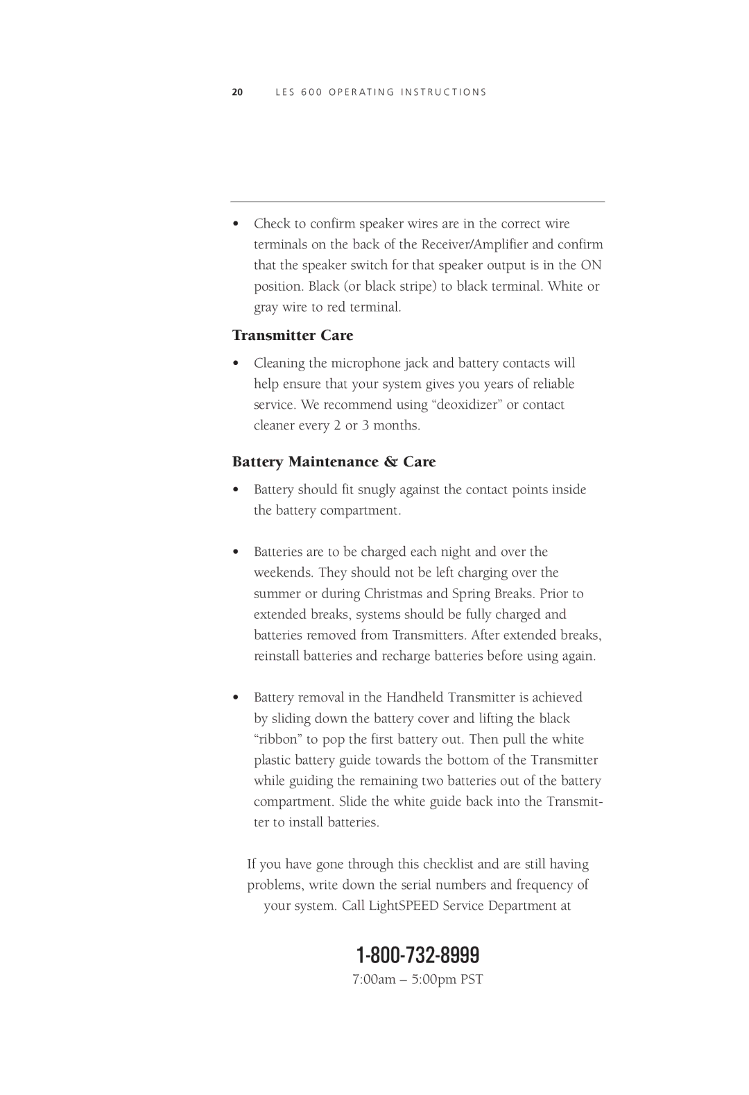 LightSpeed Technologies LES 600 Series user manual Transmitter Care, Battery Maintenance & Care 