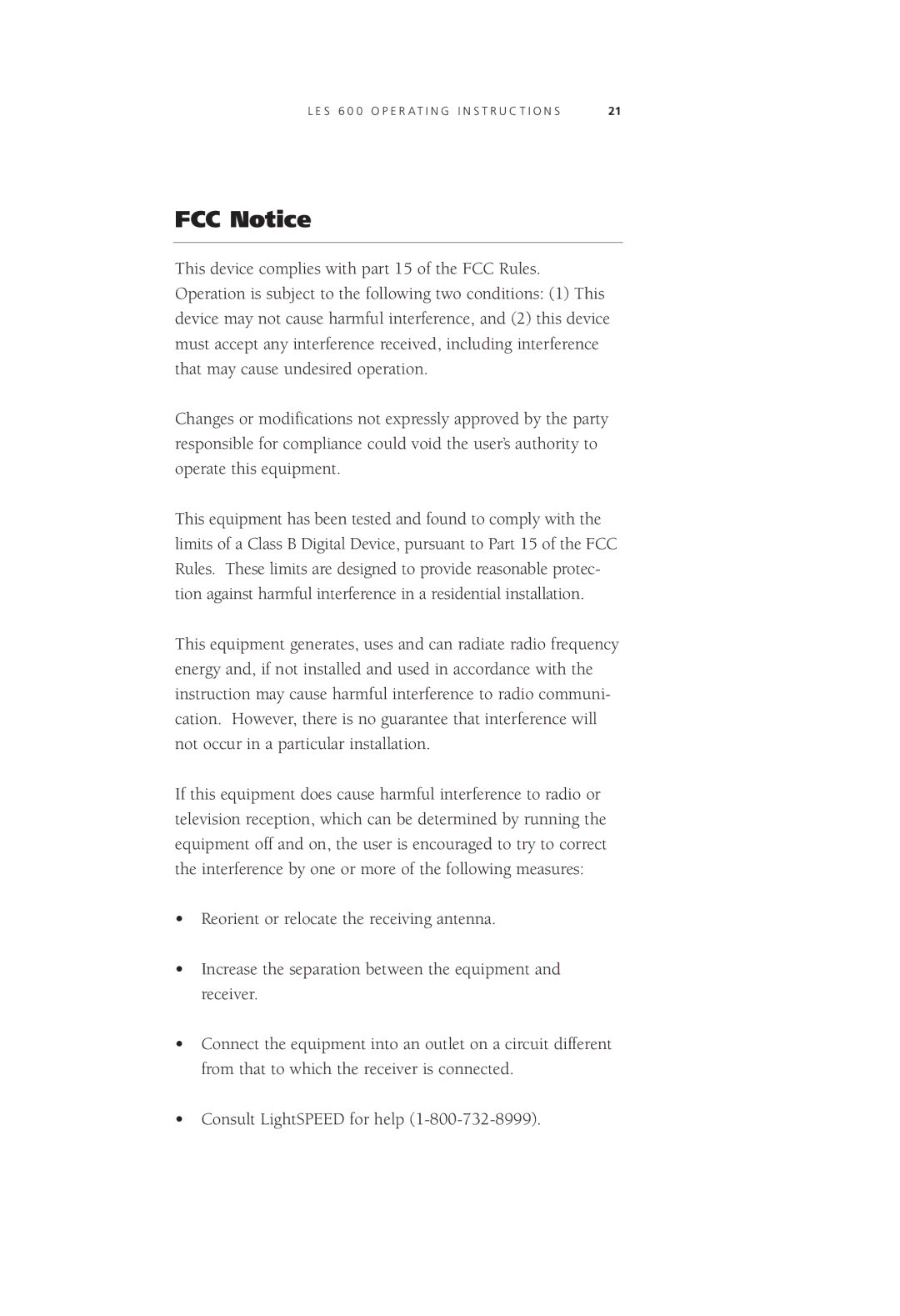 LightSpeed Technologies LES 600 Series user manual FCC Notice 