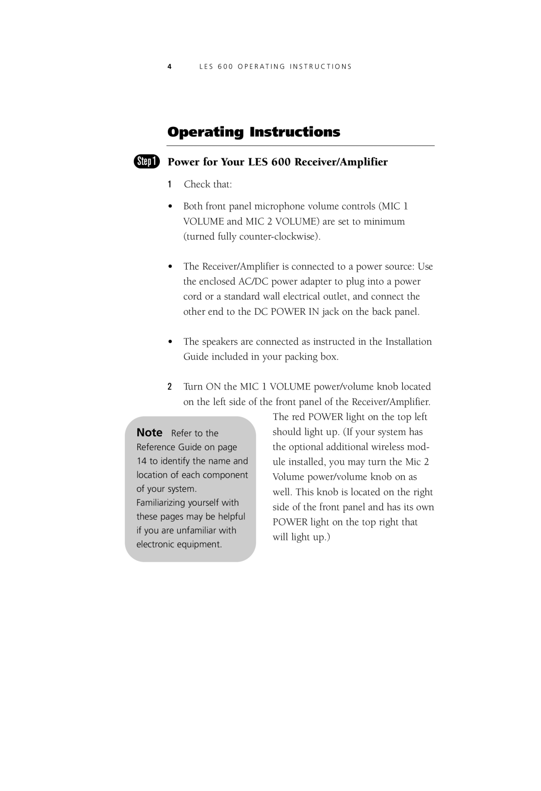 LightSpeed Technologies LES 600 Series user manual Operating Instructions, Power for Your LES 600 Receiver/Amplifier 