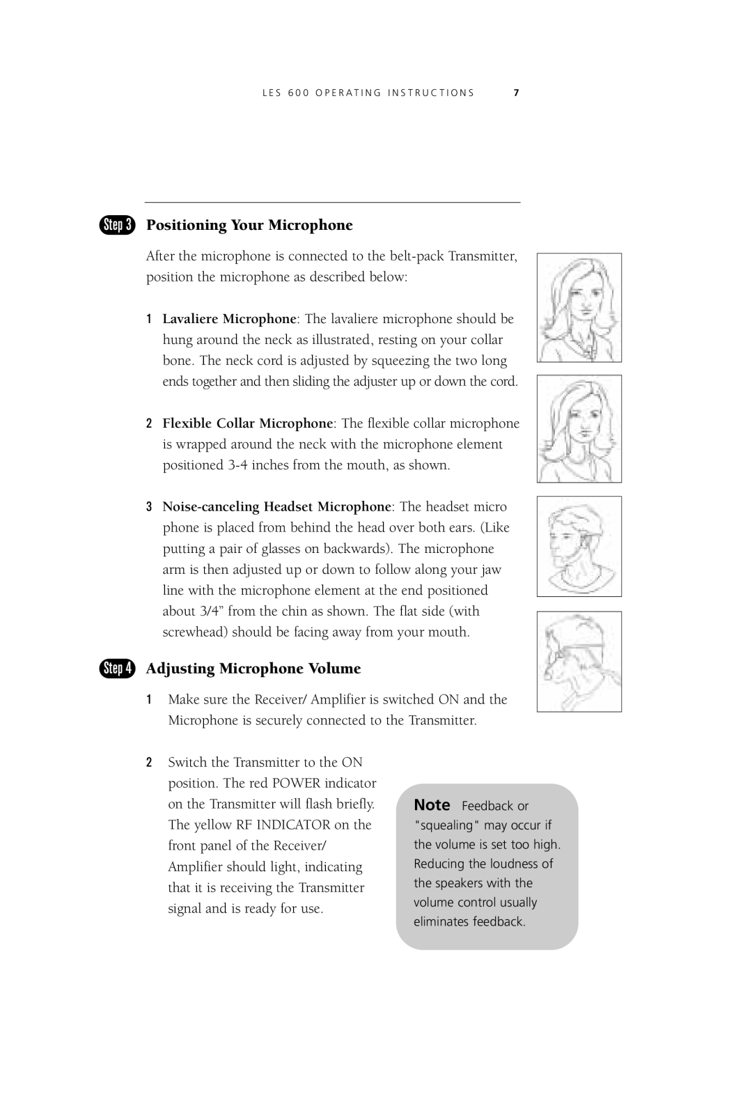 LightSpeed Technologies LES 600 Series user manual Positioning Your Microphone, Adjusting Microphone Volume 