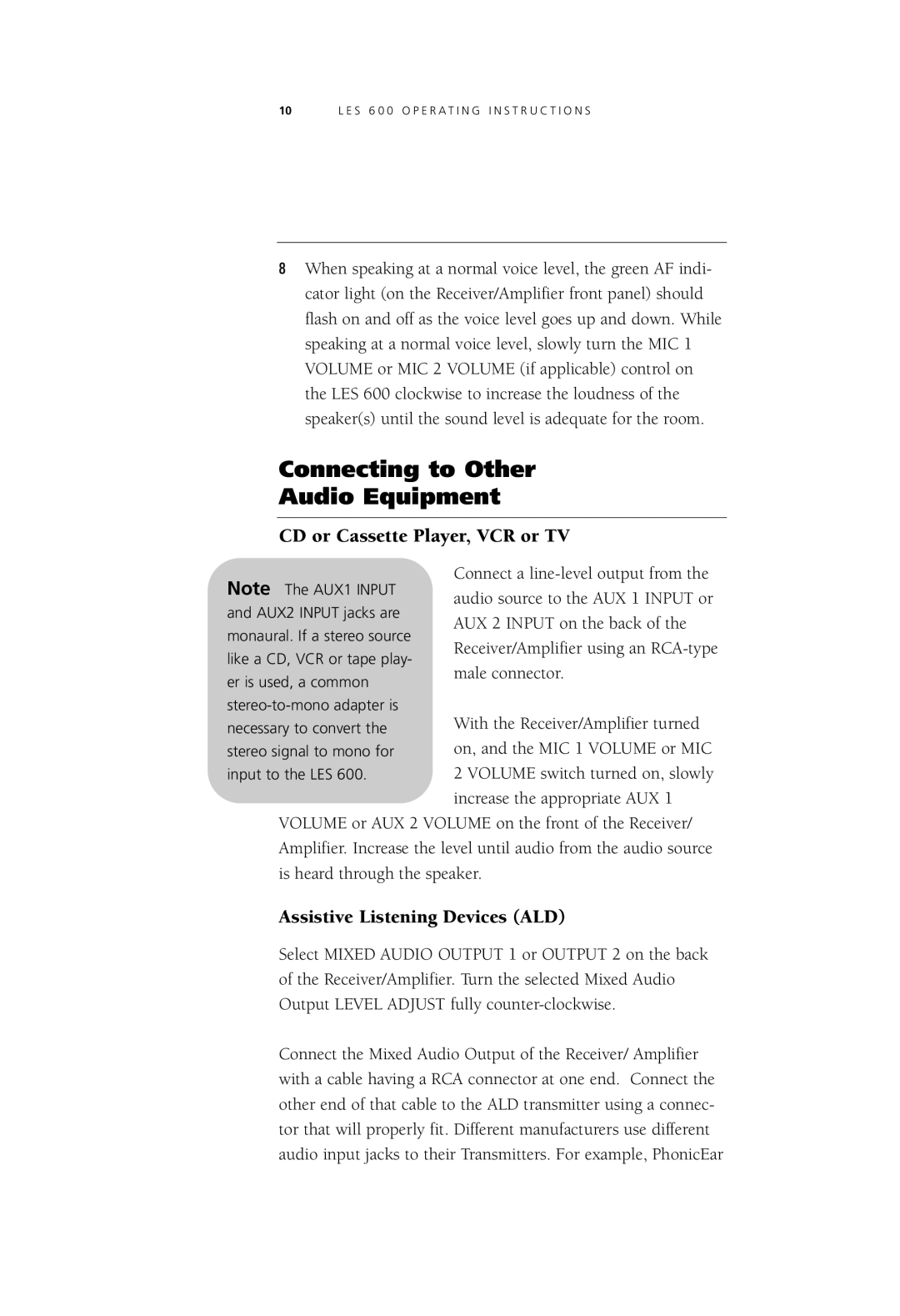 LightSpeed Technologies LES 600 Series user manual Connecting to Other Audio Equipment, CD or Cassette Player, VCR or TV 