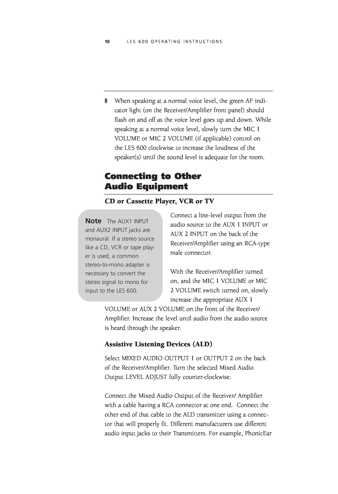 LightSpeed Technologies LES 600 Series user manual Connecting to Other Audio Equipment, CD or Cassette Player, VCR or TV 