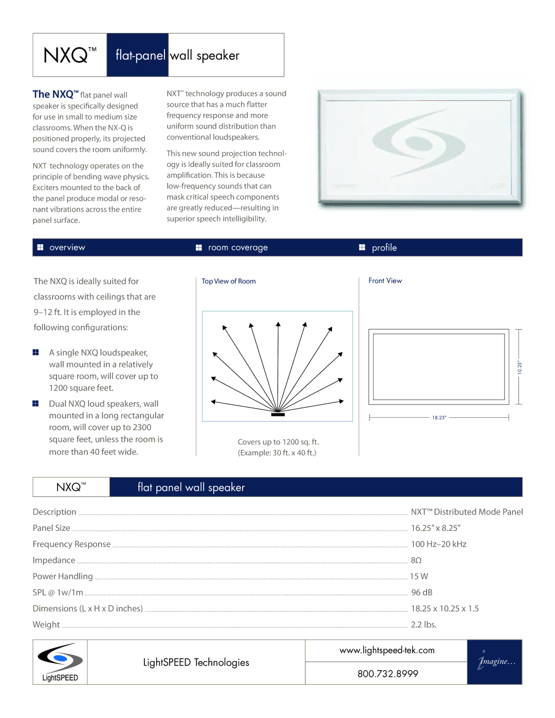 LightSpeed Technologies Wall Speaker dimensions NXQ ﬂat-panelwall speaker, Nxq, ﬂat panel wall speaker 