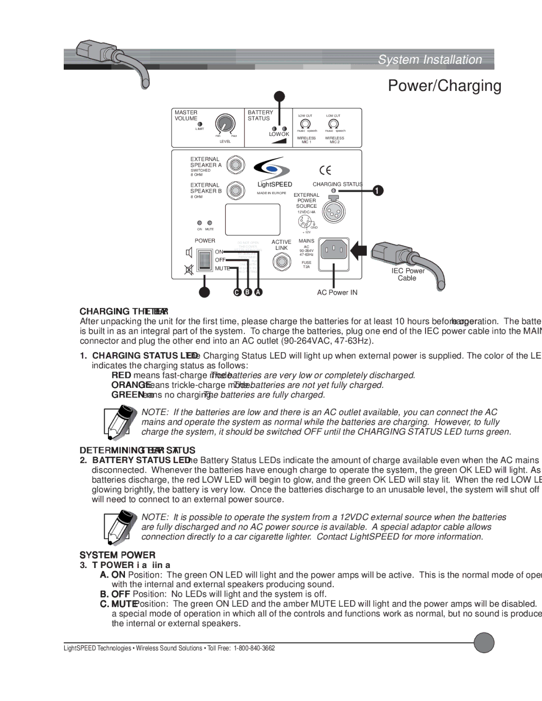 LightSpeed Technologies X12, Delta X10 manual Power/Charging, Charging the Battery 