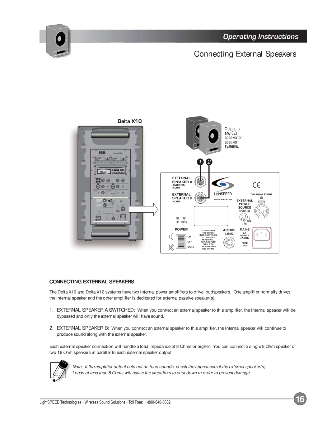 LightSpeed Technologies X12, Delta X10 manual Connecting External Speakers 