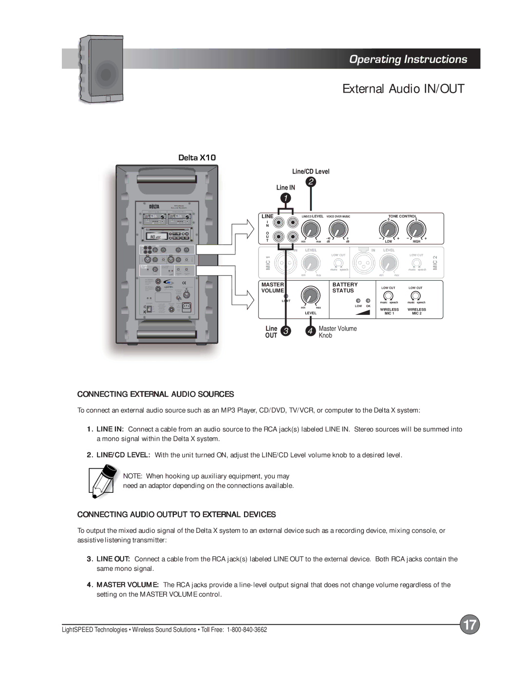 LightSpeed Technologies Delta X10, X12 manual External Audio IN/OUT, Connecting External Audio Sources 