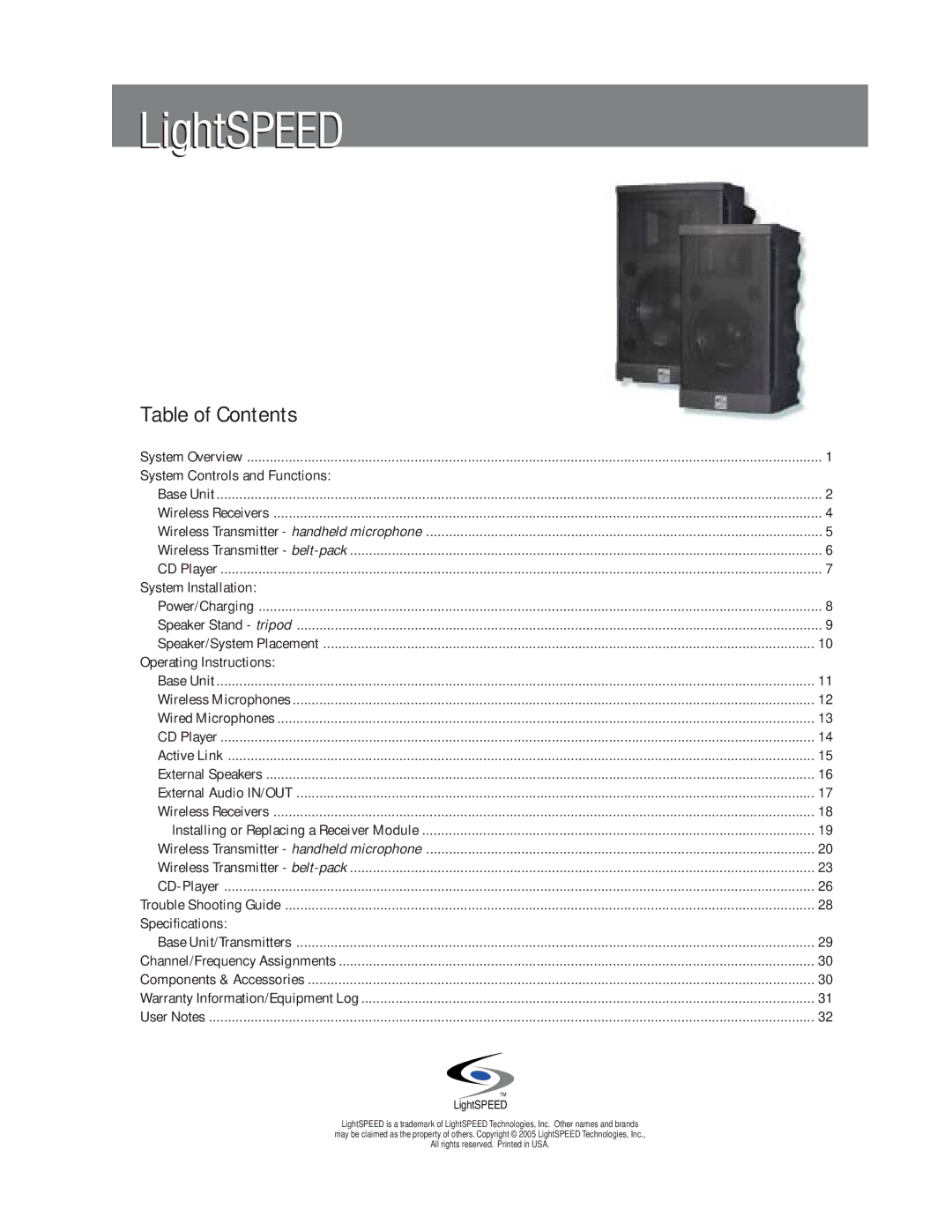 LightSpeed Technologies X12, Delta X10 manual Table of Contents 