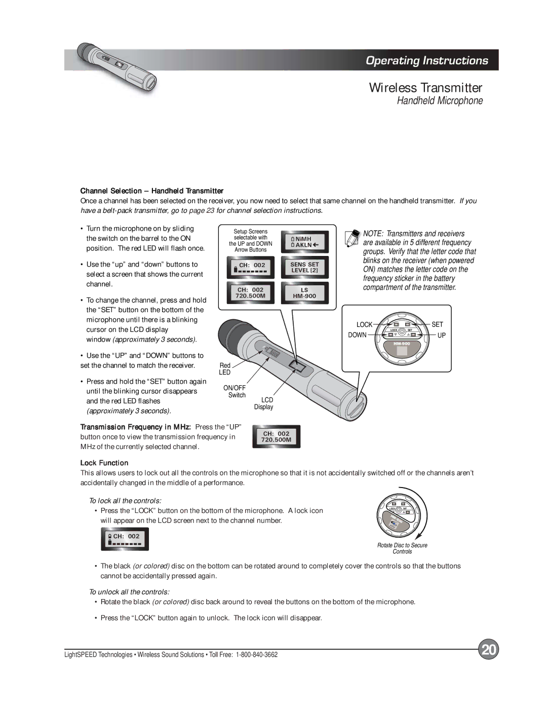 LightSpeed Technologies X12, Delta X10 manual Transmission Frequency in MHz Press the UP, Lock Function 