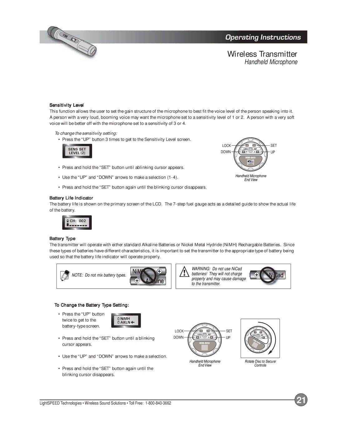 LightSpeed Technologies Delta X10, X12 manual Sensitivity Level, Battery Life Indicator, Battery Type 