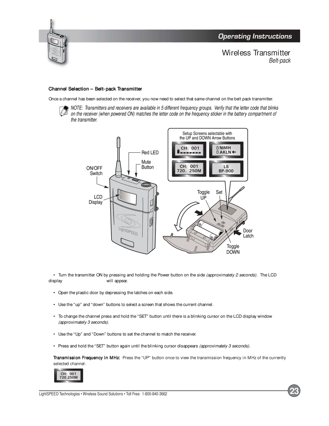 LightSpeed Technologies Delta X10, X12 manual Channel Selection Belt-pack Transmitter 