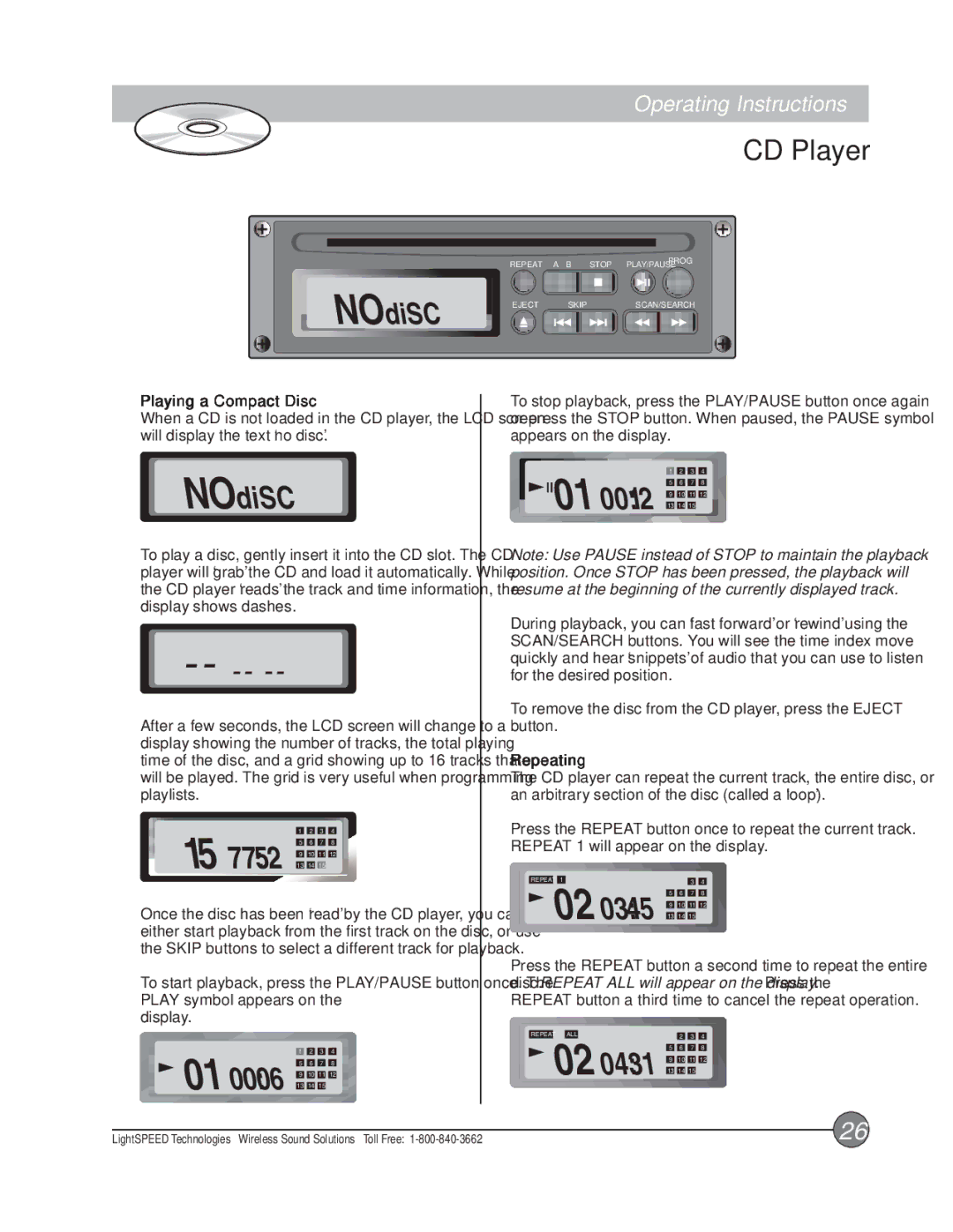 LightSpeed Technologies X12, Delta X10 manual Playing a Compact Disc, Repeating 