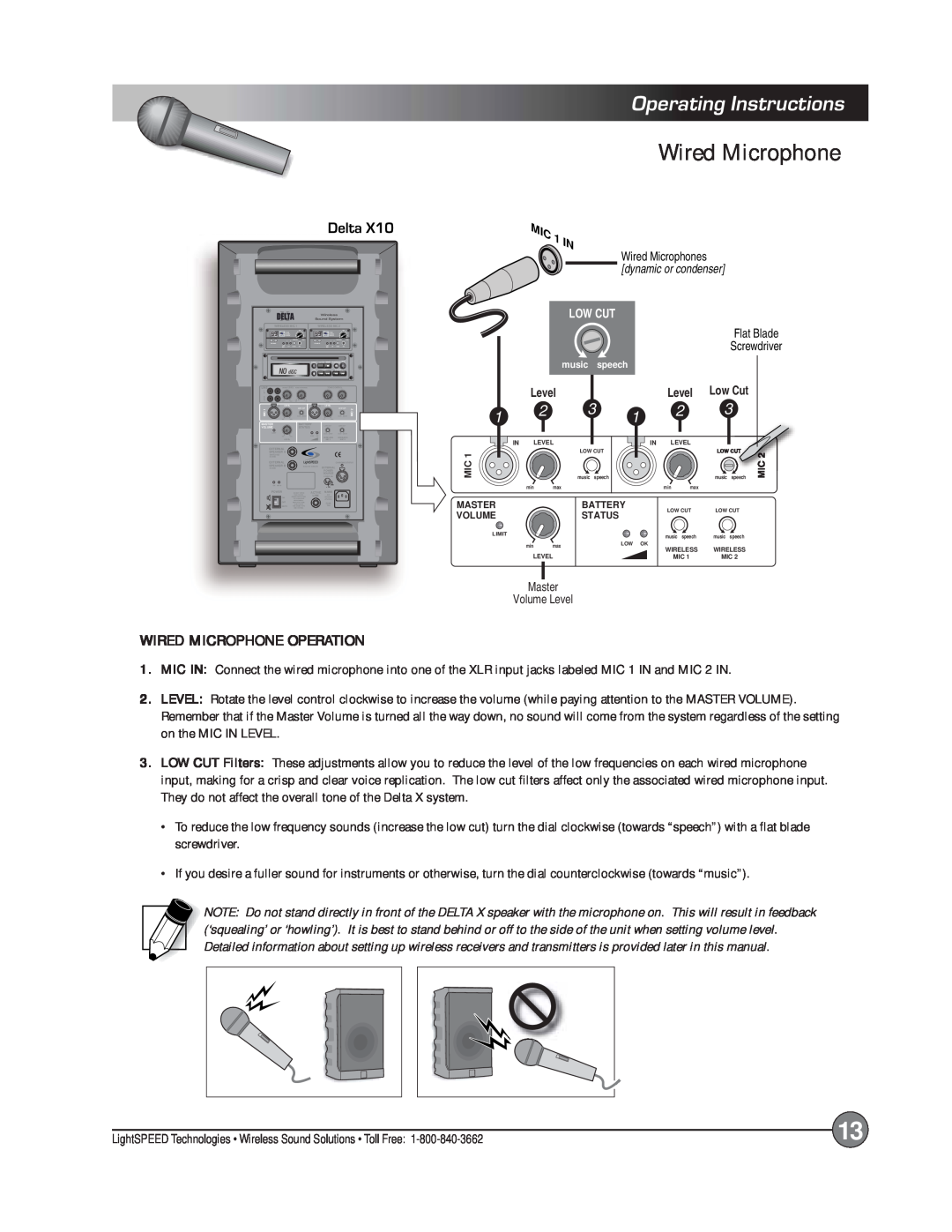 LightSpeed Technologies Delta X10, X12 manual Operating Instructions, Wired Microphone Operation 