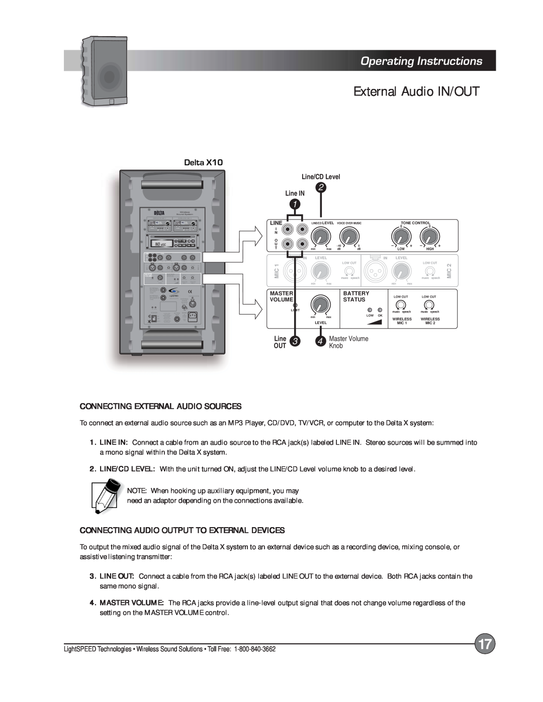 LightSpeed Technologies Delta X10, X12 External Audio IN/OUT, Operating Instructions, Connecting External Audio Sources 