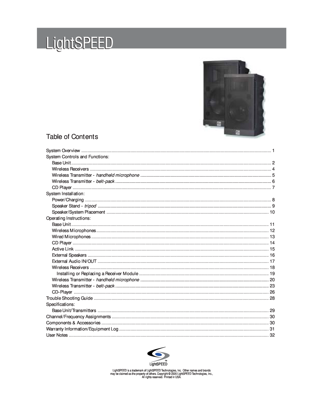 LightSpeed Technologies X12 Table of Contents, System Controls and Functions, System Installation, Operating Instructions 