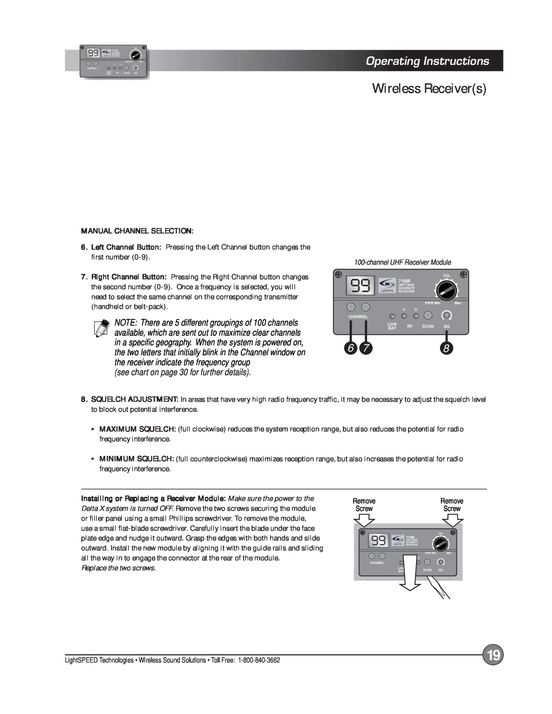 LightSpeed Technologies Delta X10, X12 manual Wireless Receivers, Operating Instructions, Manual Channel Selection 