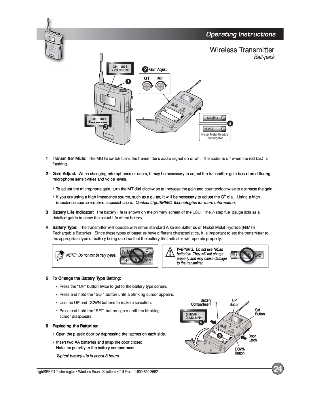 LightSpeed Technologies X12 Wireless Transmitter, Operating Instructions, Belt-pack, To Change the Battery Type Setting 
