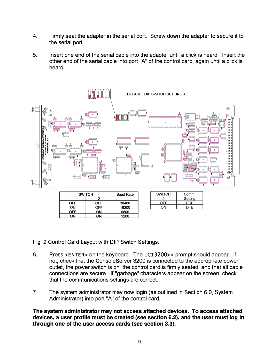 Lightwave Communications 3200 user manual Control Card Layout with DIP Switch Settings 
