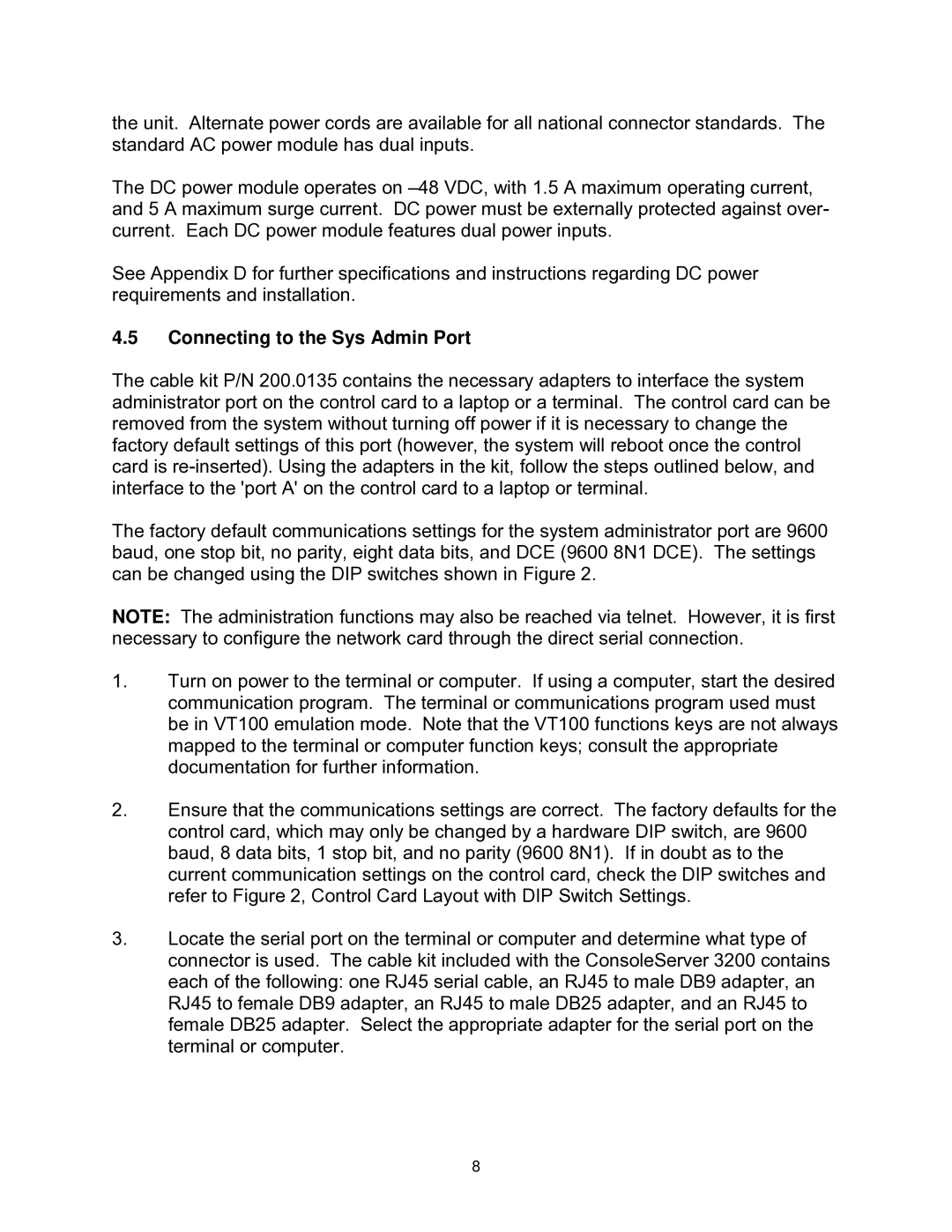 Lightwave Communications 3200 user manual Connecting to the Sys Admin Port 