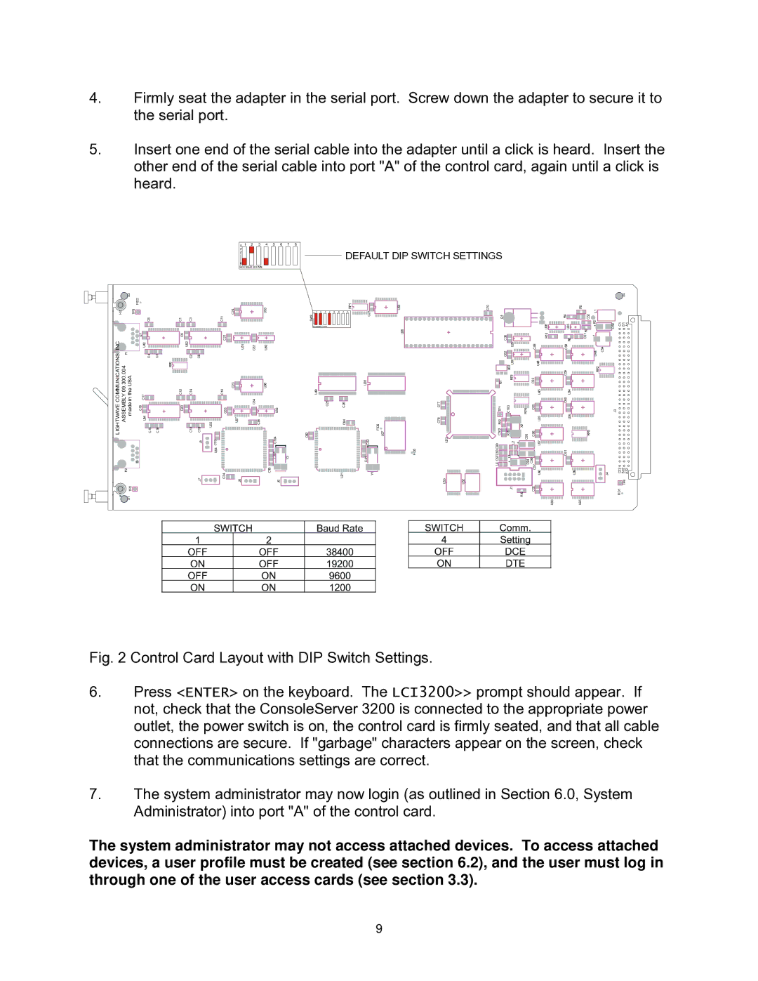 Lightwave Communications 3200 user manual Default DIP Switch Settings 