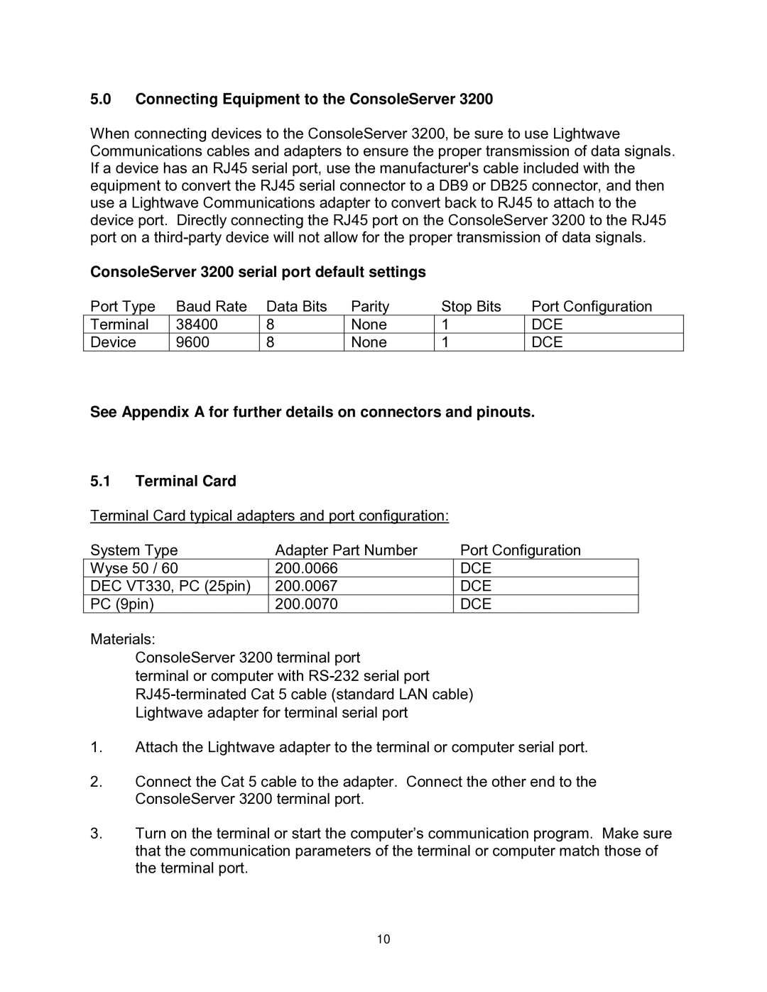 Lightwave Communications Connecting Equipment to the ConsoleServer, ConsoleServer 3200 serial port default settings 
