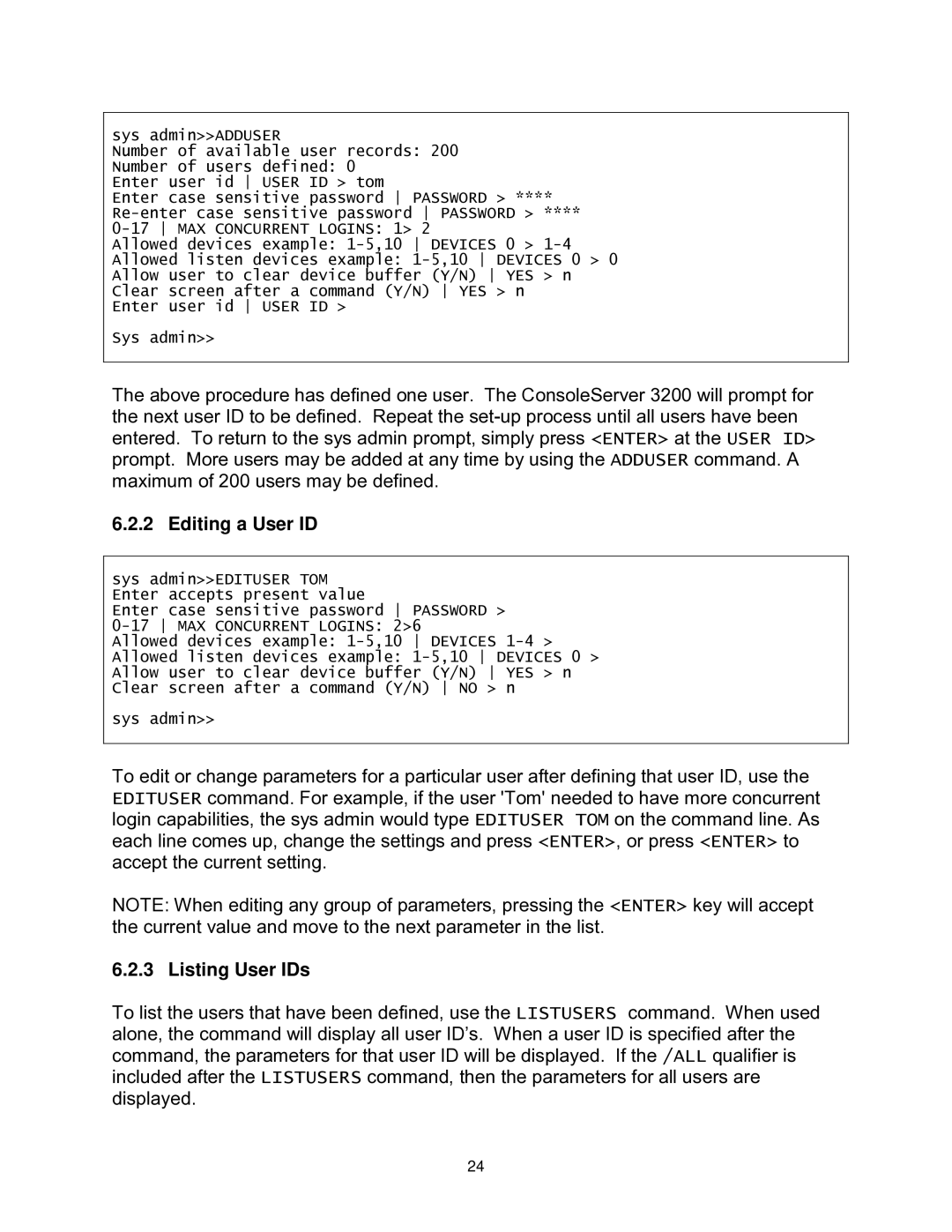 Lightwave Communications 3200 user manual Editing a User ID, Listing User IDs 