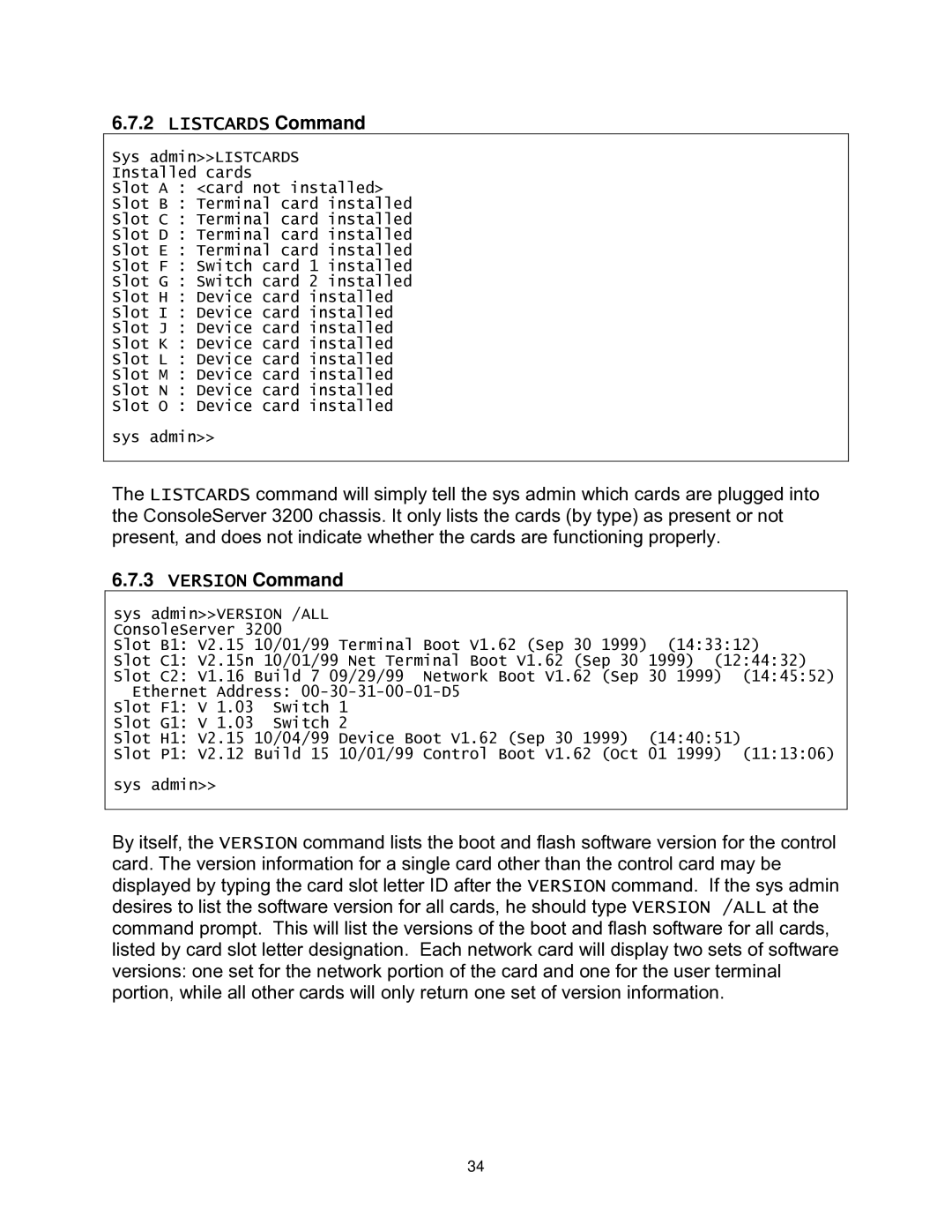 Lightwave Communications 3200 user manual Listcards Command, Version Command 