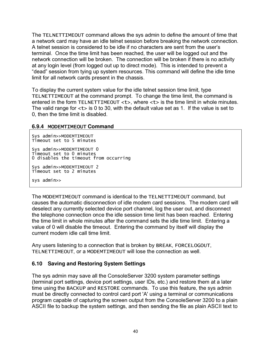 Lightwave Communications 3200 user manual Modemtimeout Command, Saving and Restoring System Settings 