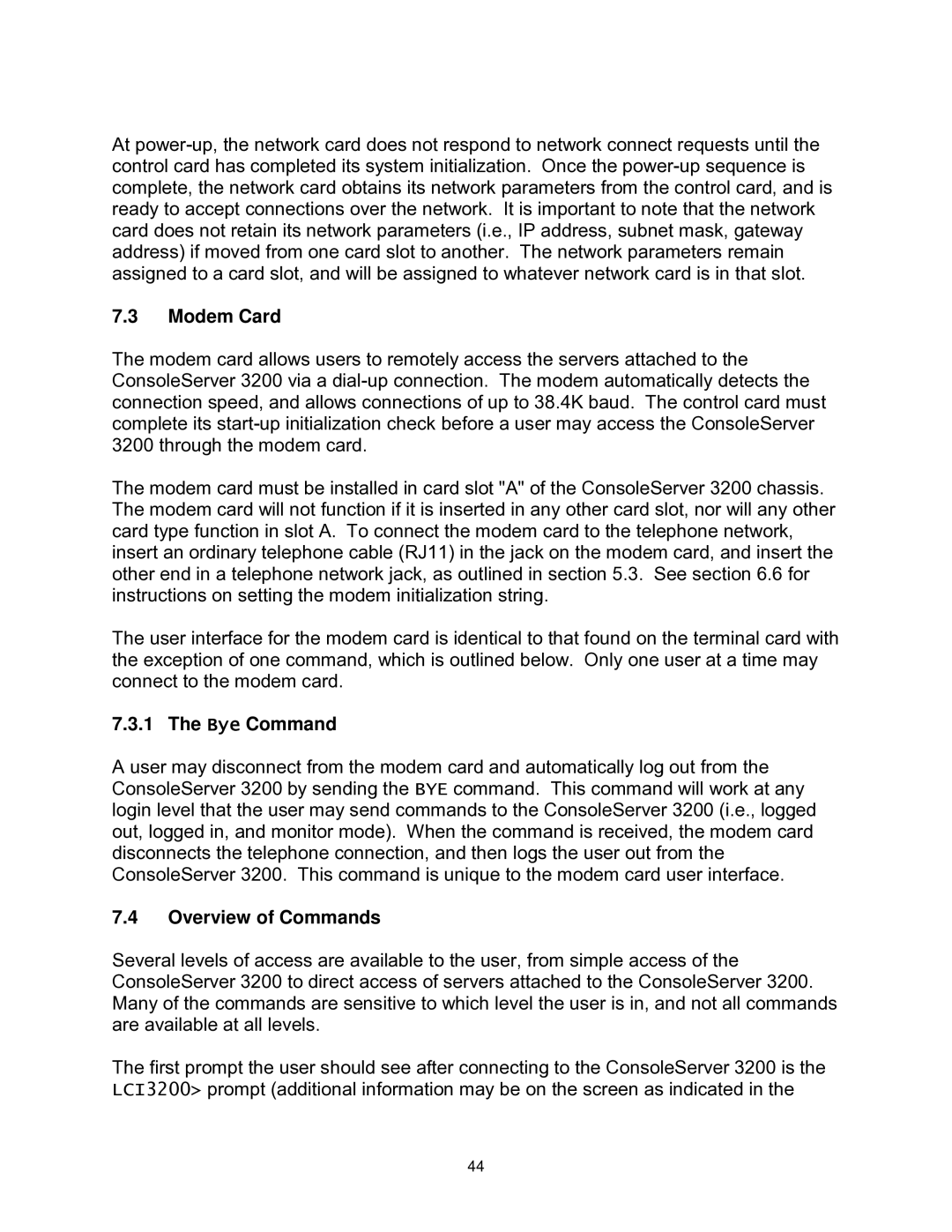 Lightwave Communications 3200 user manual Bye Command, Overview of Commands 