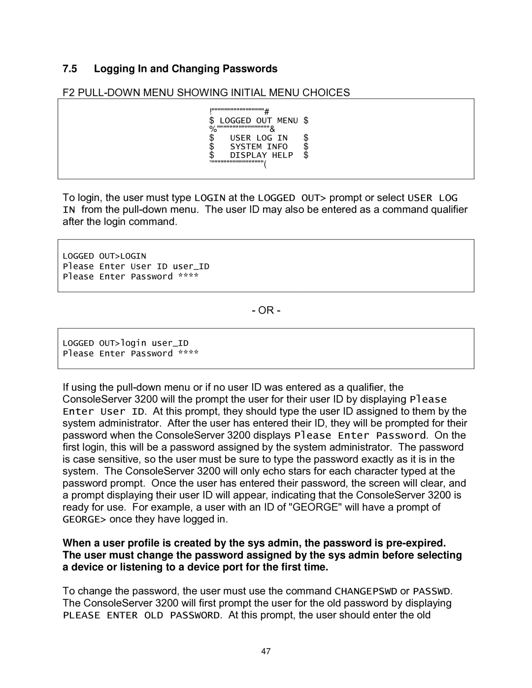 Lightwave Communications 3200 user manual Logging In and Changing Passwords, F2 PULL-DOWN Menu Showing Initial Menu Choices 