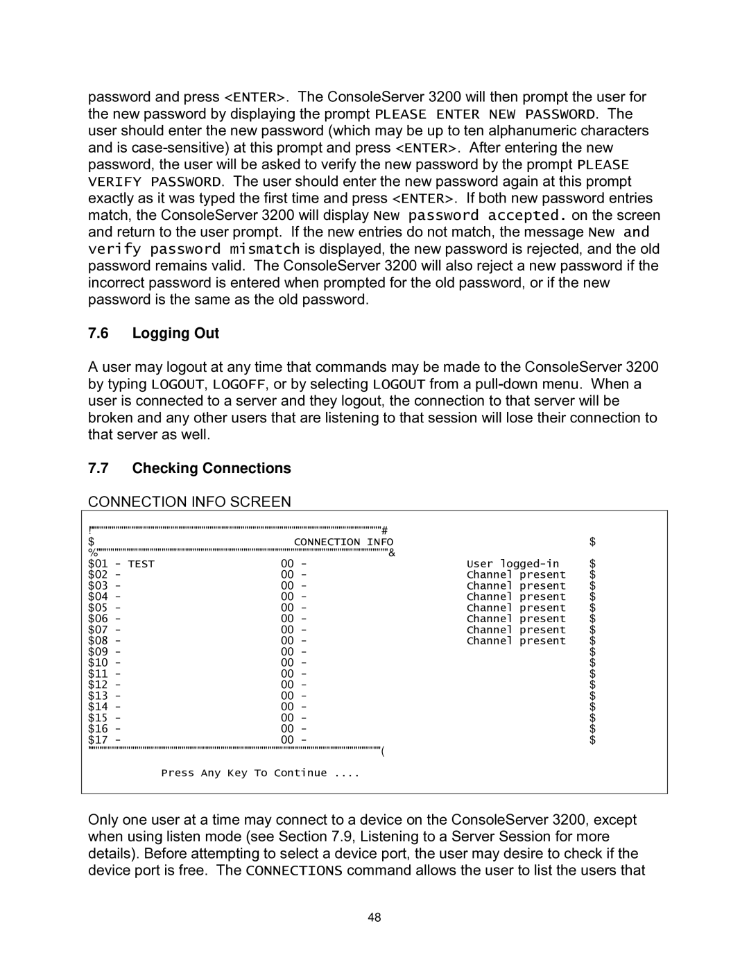 Lightwave Communications 3200 user manual Checking Connections, Connection Info Screen 