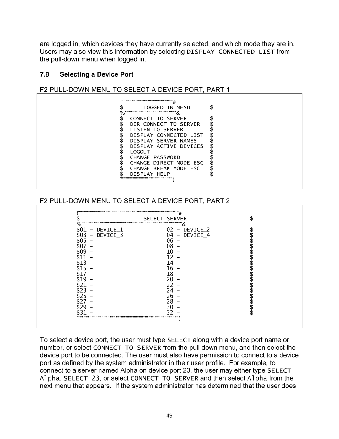 Lightwave Communications 3200 user manual Selecting a Device Port, F2 PULL-DOWN Menu to Select a Device PORT, Part 