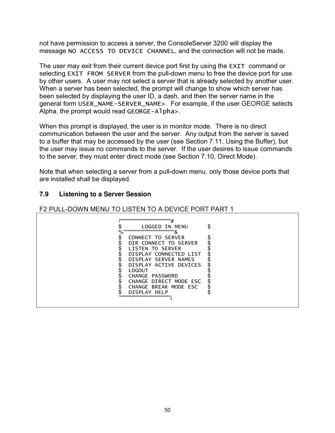 Lightwave Communications 3200 user manual Listening to a Server Session, F2 PULL-DOWN Menu to Listen to a Device Port Part 