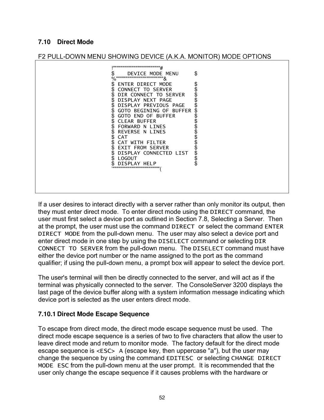 Lightwave Communications 3200 user manual Direct Mode Escape Sequence 