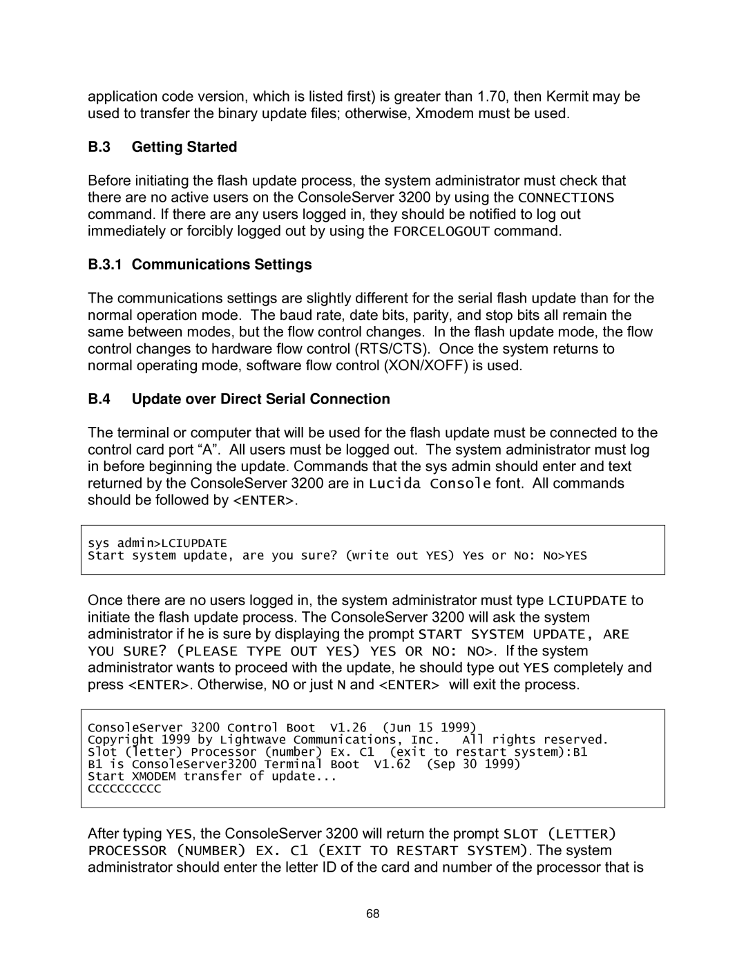 Lightwave Communications 3200 user manual Getting Started, Communications Settings, Update over Direct Serial Connection 