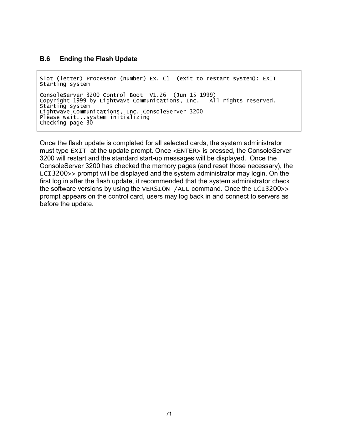 Lightwave Communications 3200 user manual Ending the Flash Update 