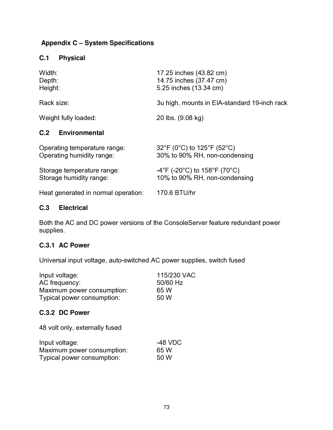 Lightwave Communications 3200 Appendix C System Specifications Physical, Environmental, Electrical, AC Power, DC Power 