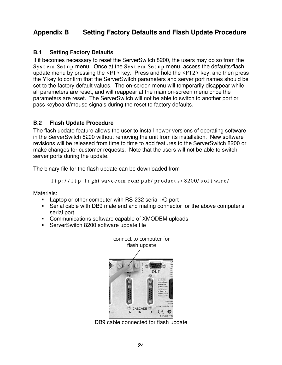 Lightwave Communications 8200 user manual Setting Factory Defaults, Flash Update Procedure 