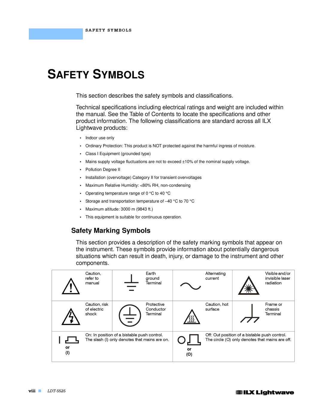 Lightwave Communications LDT-5525 manual Safety Symbols, Safety Marking Symbols 