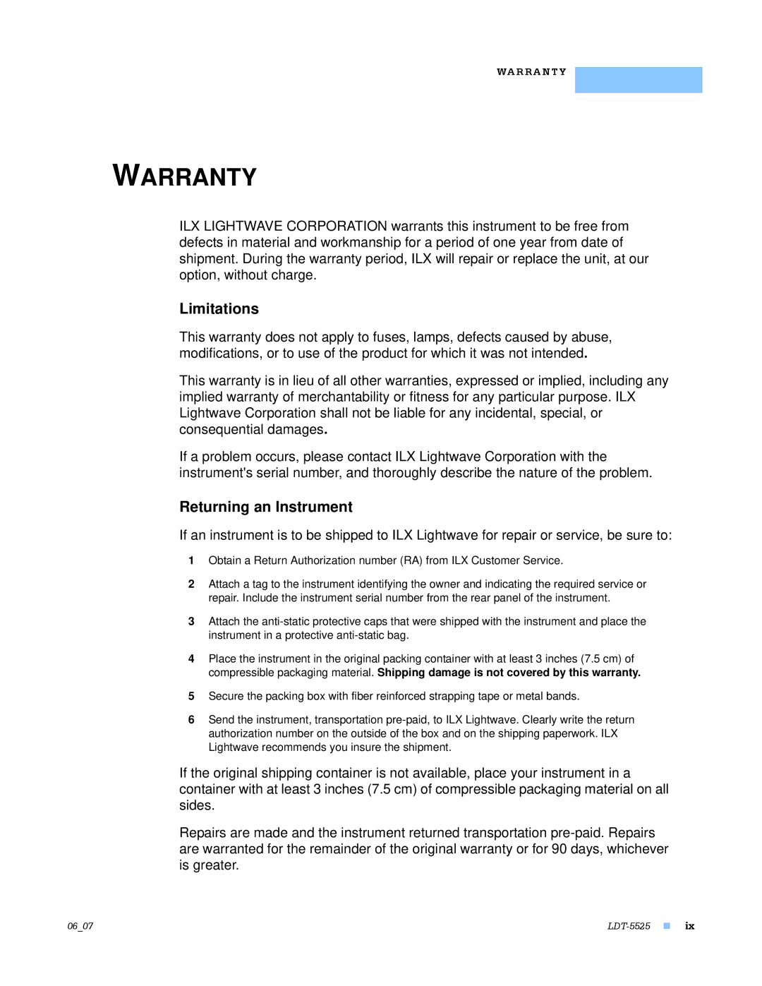 Lightwave Communications LDT-5525 manual Warranty 