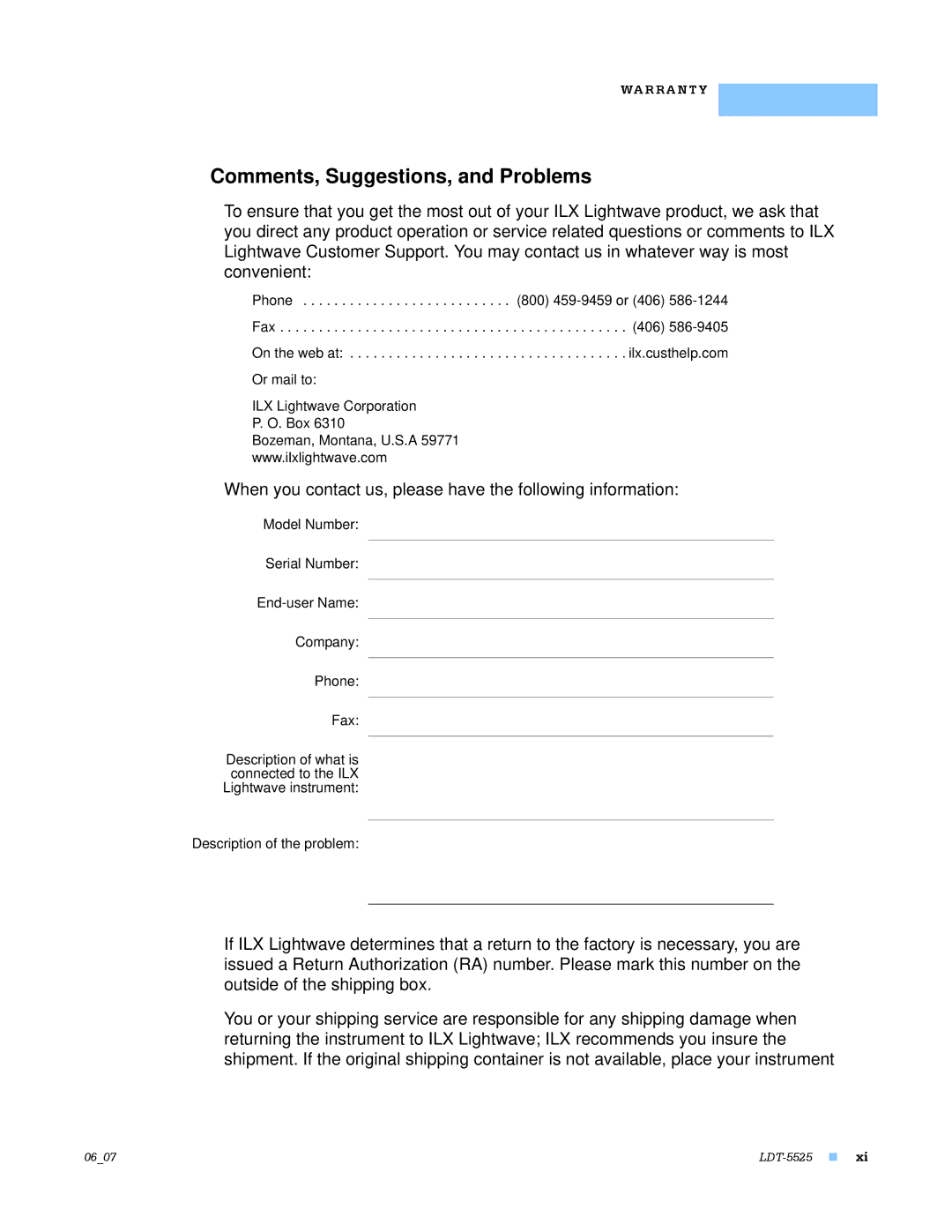 Lightwave Communications LDT-5525 manual Comments, Suggestions, and Problems 