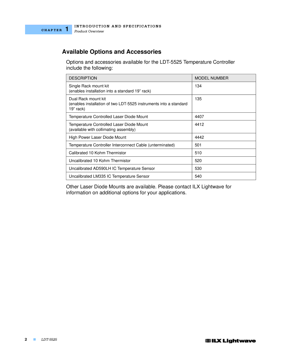 Lightwave Communications LDT-5525 manual Available Options and Accessories, Description Model Number 