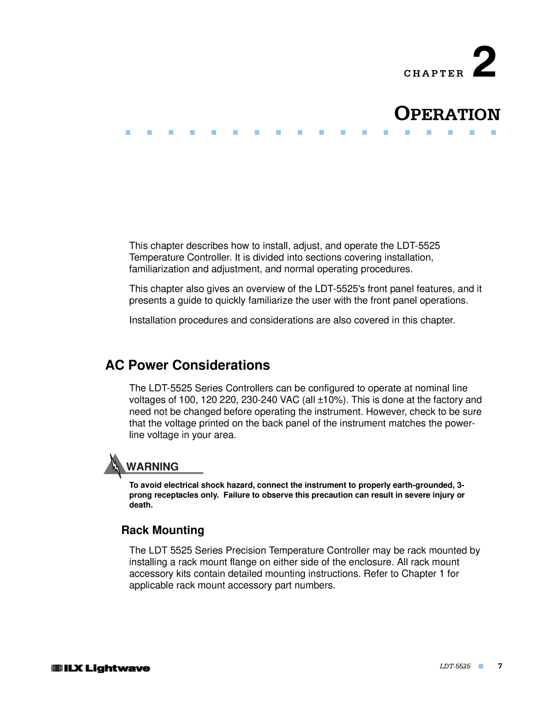 Lightwave Communications LDT-5525 manual Operation, AC Power Considerations, Rack Mounting 