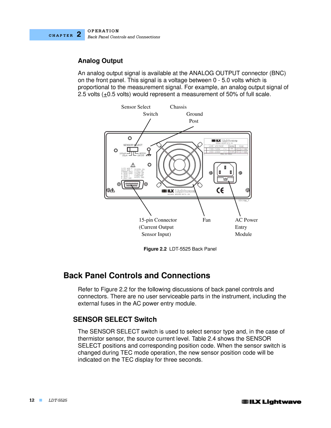 Lightwave Communications LDT-5525 manual Back Panel Controls and Connections, Sensor Select Switch 