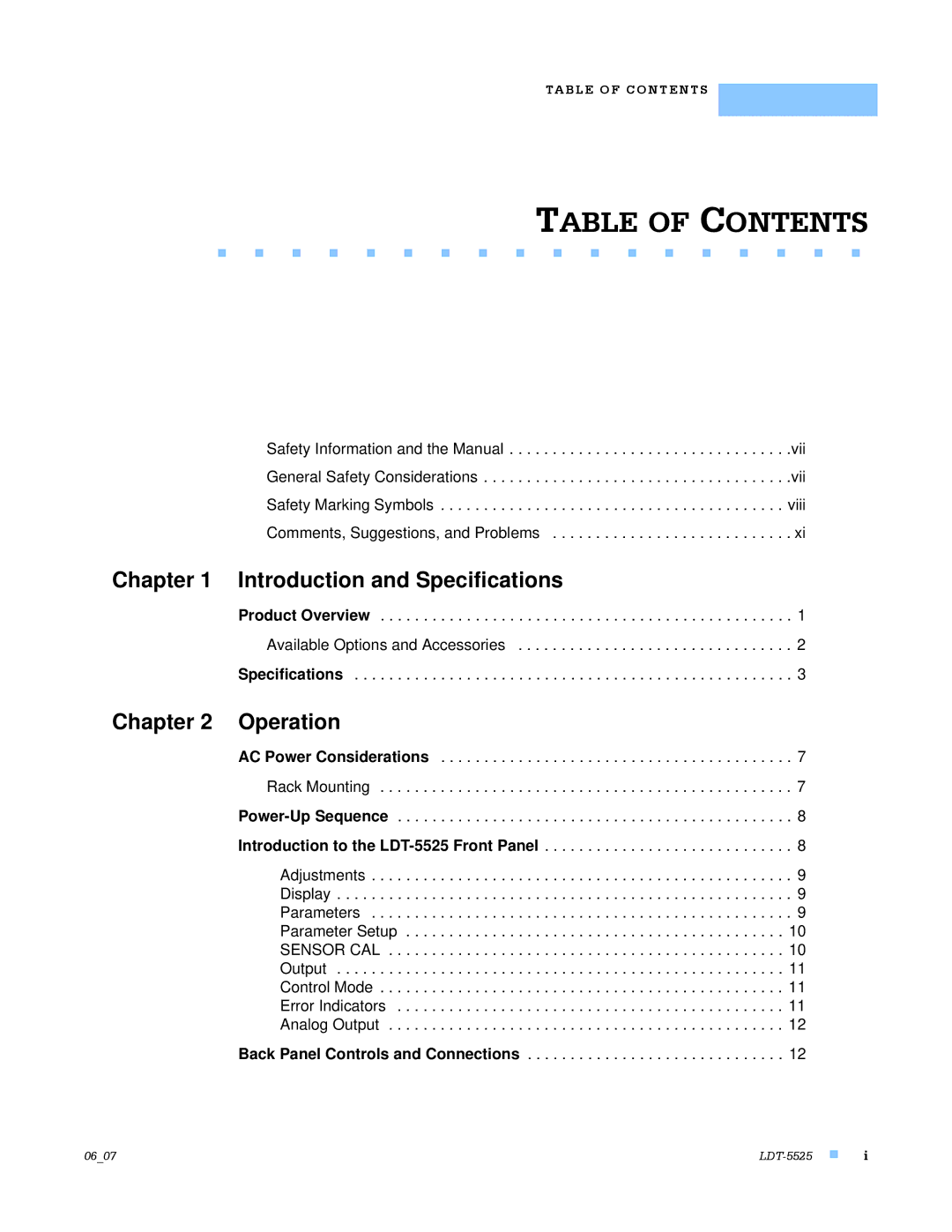 Lightwave Communications LDT-5525 manual Table of Contents 