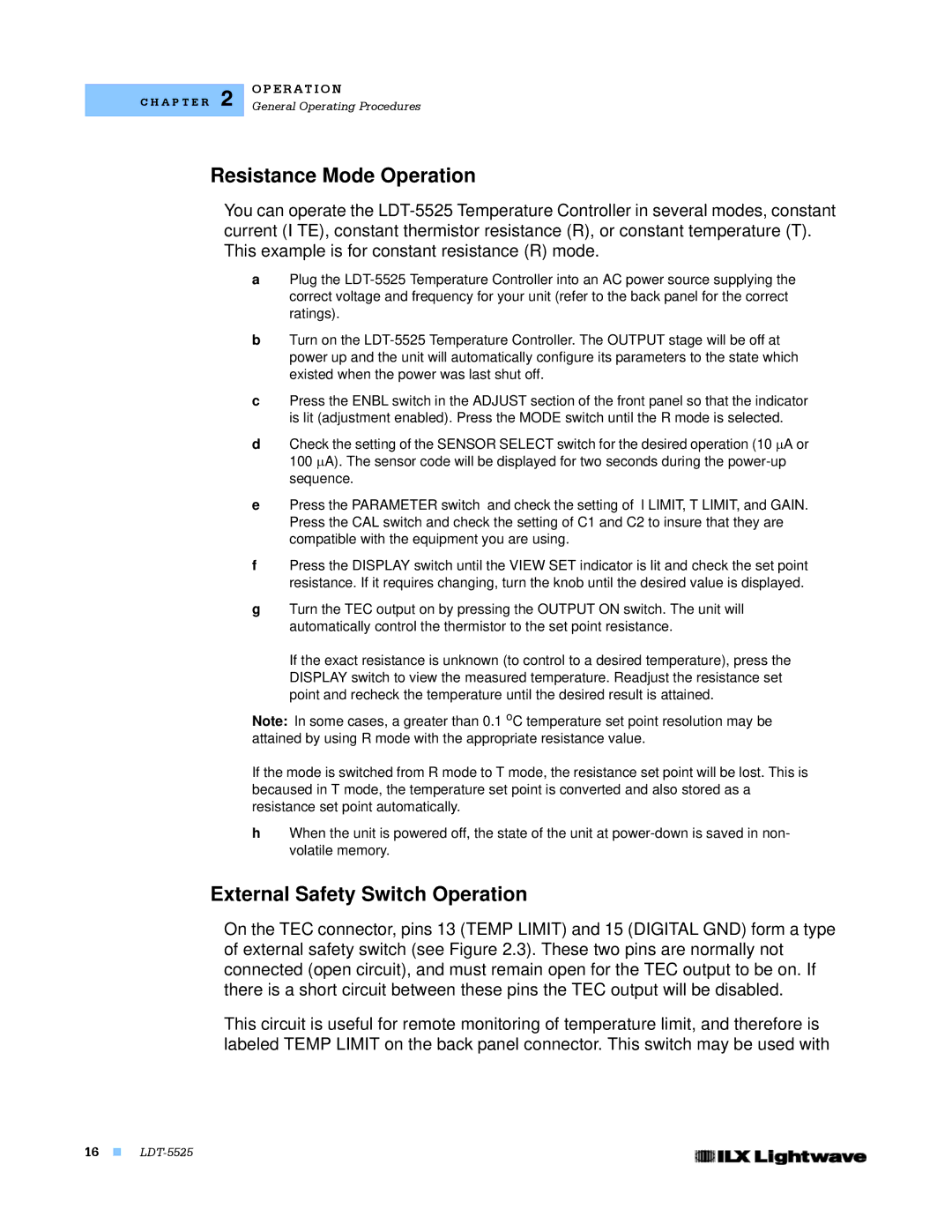 Lightwave Communications LDT-5525 manual Resistance Mode Operation, External Safety Switch Operation 