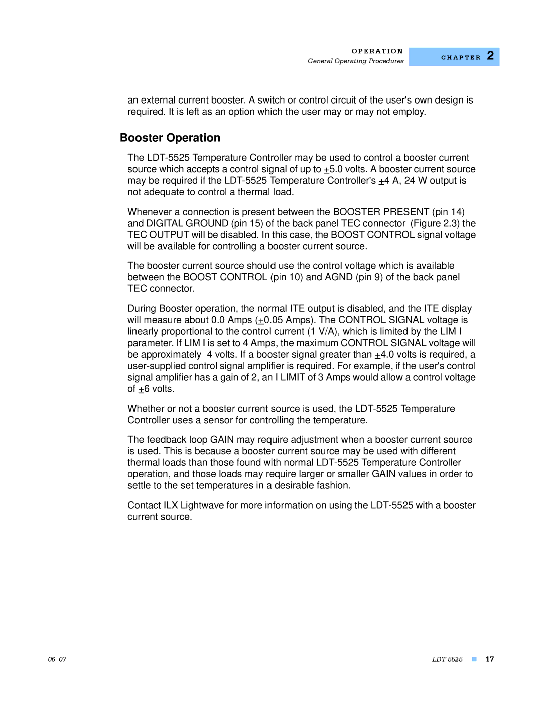 Lightwave Communications LDT-5525 manual Booster Operation 