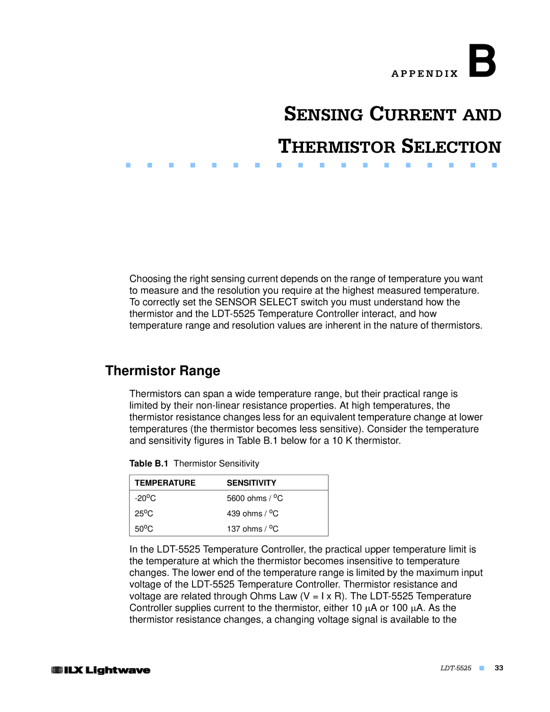 Lightwave Communications LDT-5525 manual Sensing Current Thermistor Selection, Thermistor Range 