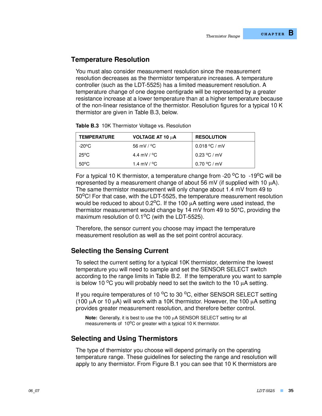 Lightwave Communications LDT-5525 Temperature Resolution, Selecting the Sensing Current, Selecting and Using Thermistors 